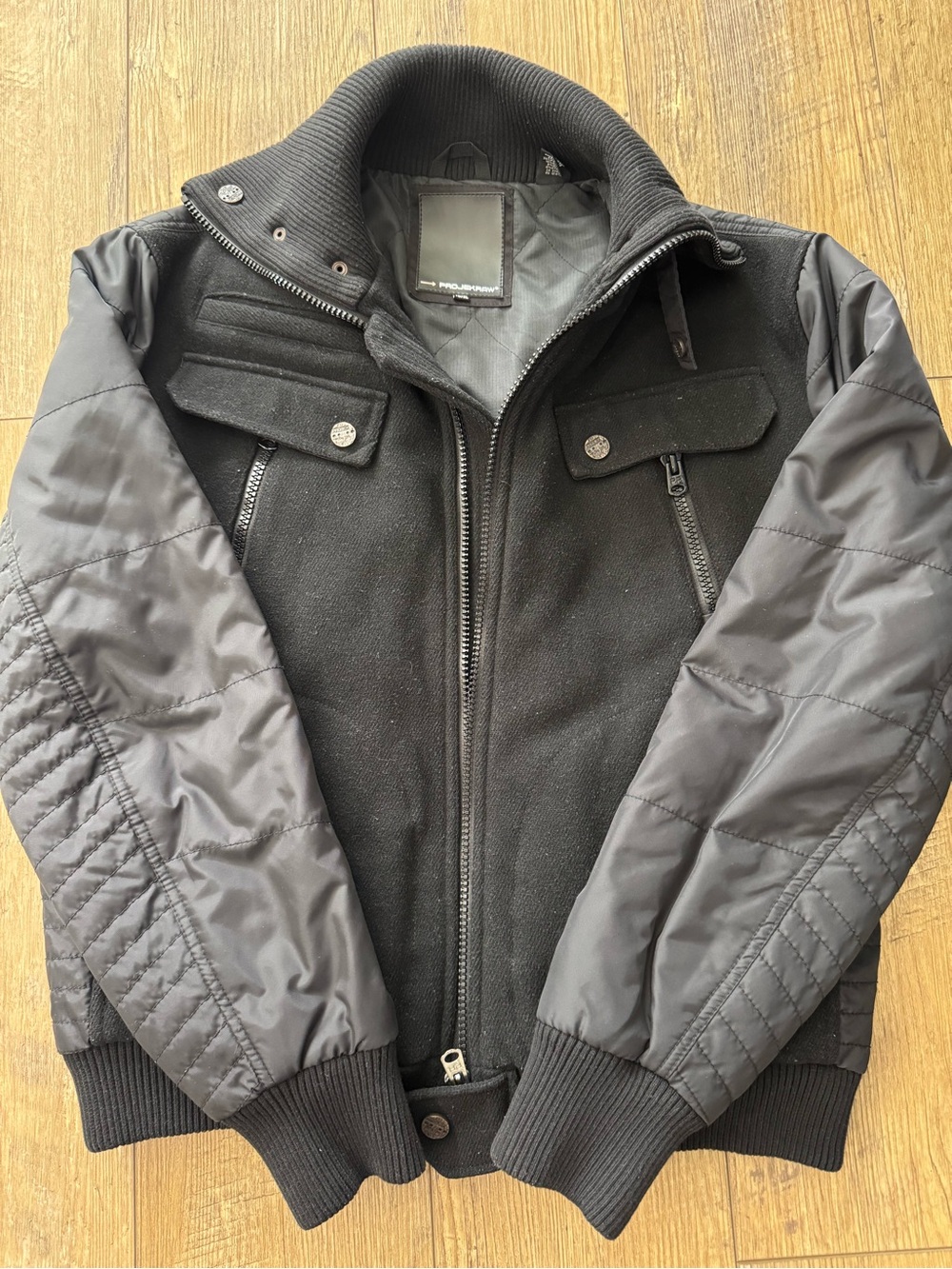 Projek Raw Men's Black Mixed-Texture Bomber Jacket